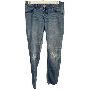 Jolt jeans pants destressed stretchy button bleaching no zipper size 7 waist 30"